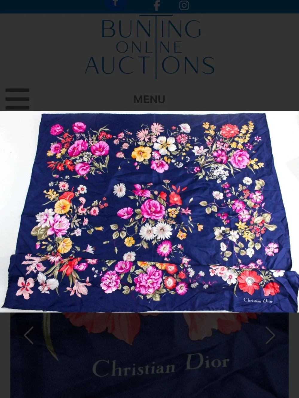 Dior Navy Silk Scarf with Red and Cream Floral Print with COA Simply Elegant